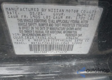 2021 Nissan Versa Sv Xtronic Cvt z USA, uszkodzony, nr VIN 3N1CN8EV3ML891172